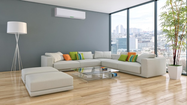 Grote luxe moderne lichte interieurs met airconditioning illustratie 3D-rendering