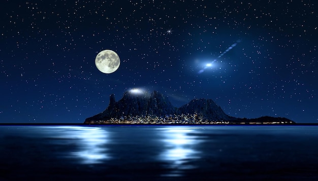 grote maan op nacht sterrenhemel op zee bergen op horizon natuur achtergrond
