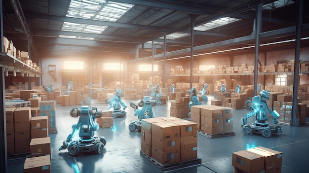 Grote magazijnstapelkisten, dozen en containers en robots