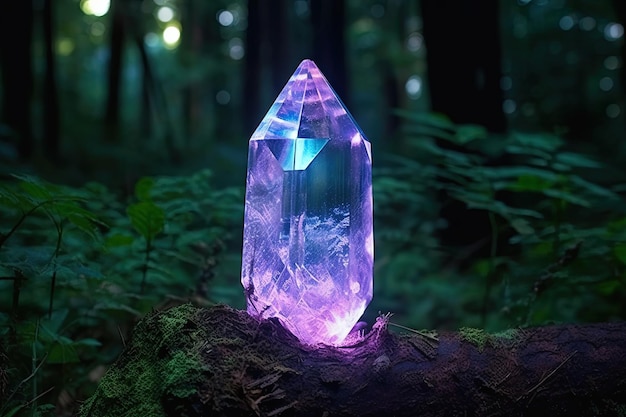 Foto grote magische amethyst magische kristal gloeit in het donker in het bos