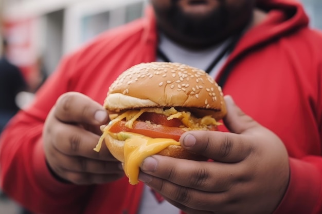 Grote man houdt kleine hamburger in zijn hand close-up shot generatieve ai-inhoud