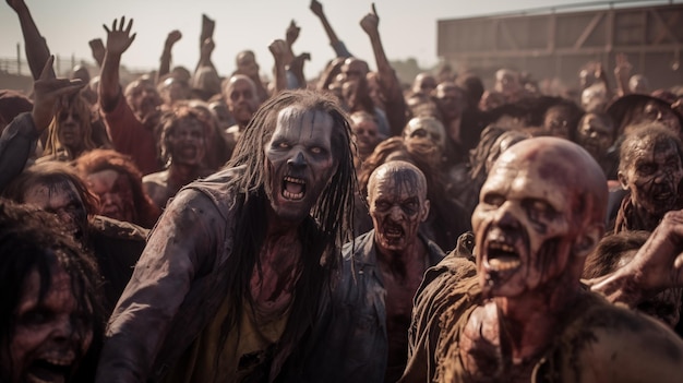 Grote menigte van verschrikkelijke dode zombies achtervolgen hardlopen of bewegen langzaam naar de camera op de straat Generatieve AI
