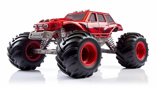 Foto grote metalen rode speelgoedauto offroad met monsterwielen isoleren generatieve ai