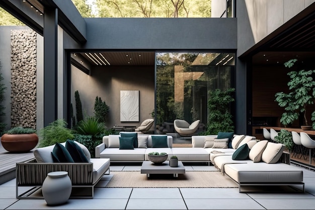 Grote moderne patio in vier segmenten met comfortabele buitenbanken gecreëerd met generatieve ai