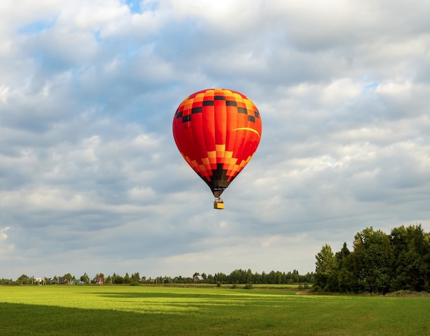 Grote mooie enkele hete ballon vliegt hoog in de lucht over groen landschap en bos