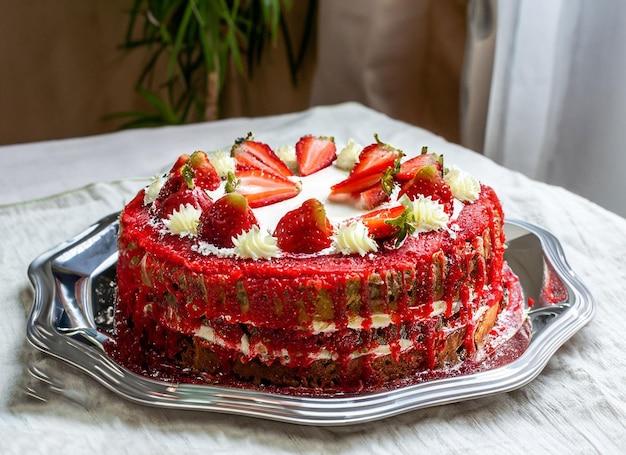 Grote mooie rode fluwelen cake met bloemen en bessen erop Plak op een bord dessert Cake en muffins zoete traktaties voor de feestdagen