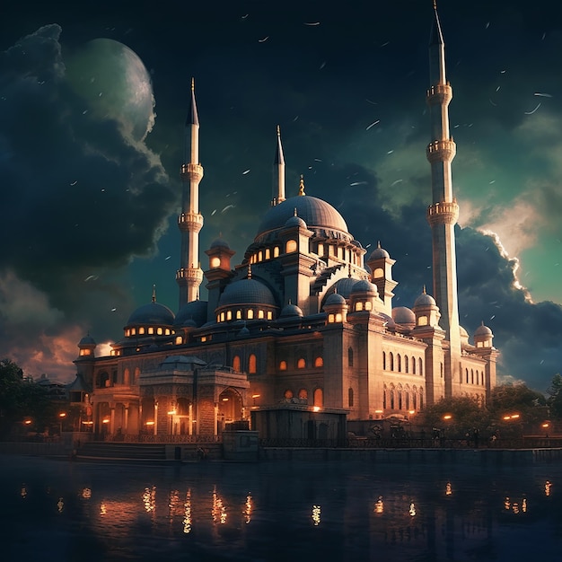 Grote moskee mooie lichte nachtelijke hemel