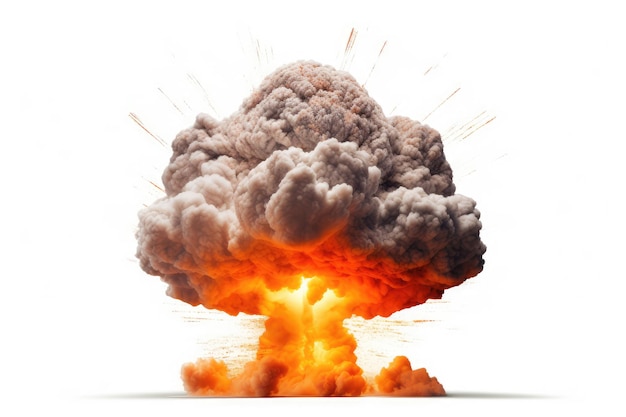 Foto grote nucleaire explosie met rook en vuur geïsoleerd op witte achtergrond