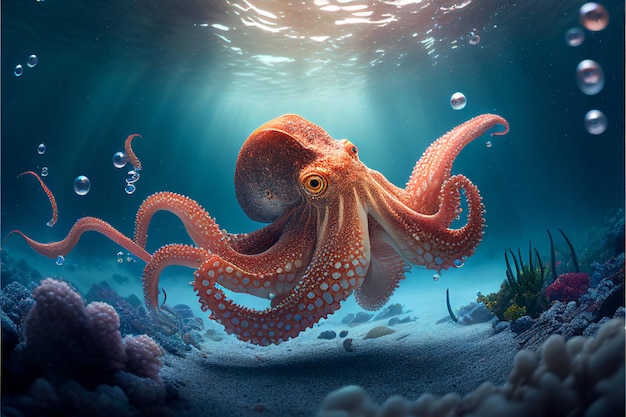 Grote octopus onder water AI gegenereerd