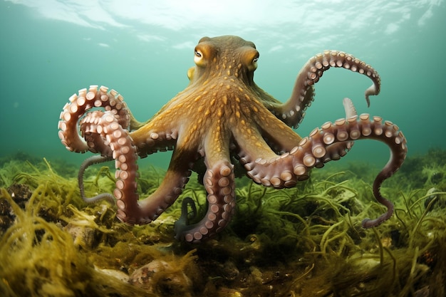 Grote octopus tijdens een jacht sequentie onder water Generatieve AI