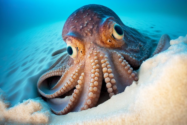 Grote octopuszee begroef zijn tentakels in het zand op de bodem van de zee