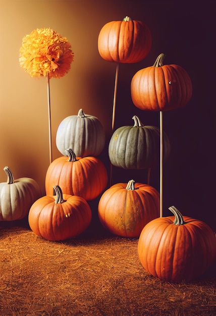 Grote oranje pompoenen die op stro liggen Halloween-feestpompoenen op stokken