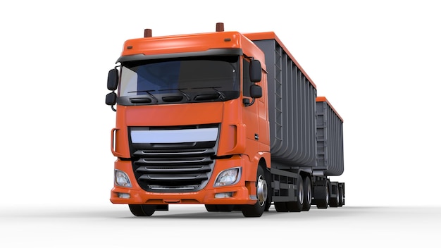 Grote oranje vrachtwagen met losse aanhanger, voor het vervoer van agrarische en bouwbulkmaterialen en producten. 3D-rendering.