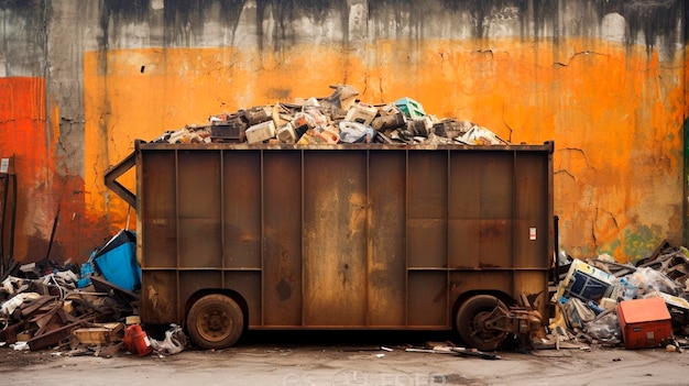 Grote overbelaste metalen afvalcontainer gevuld met bouwafval en puin in de buurt van een bouwzone generatieve ai