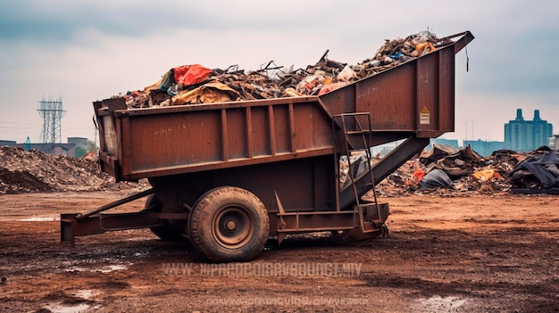 Grote overbelaste metalen afvalcontainer gevuld met bouwafval en puin in de buurt van een bouwzone Generatieve AI