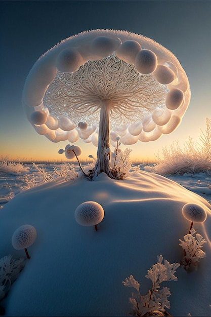 Grote paddenstoel zittend bovenop een besneeuwd veld generatieve ai