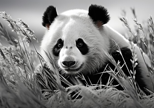 Foto grote panda in het met sneeuw bedekte grasland sneeuwige winter ai generatief