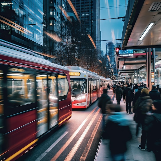 Grote passagiersbus met lampen aan die's nachts of's morgens licht op een lege straat staat