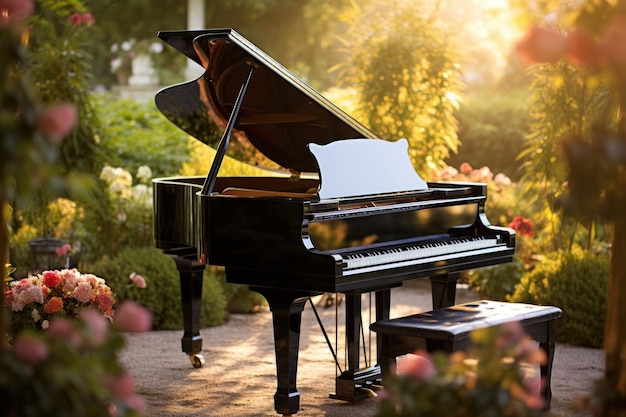 Grote piano te midden van een bloeiende tuin bij zonsondergang