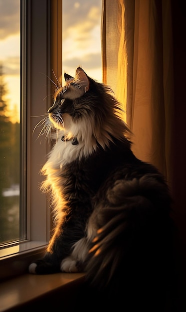 Grote pluizige kat kijkt uit het raam generatieve ai