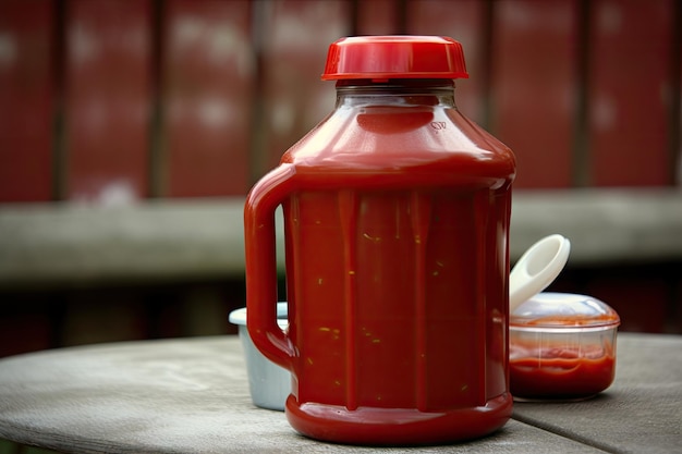 Foto grote pot ketchup met knijpfles voor gemakkelijke toegang