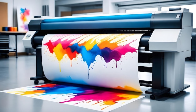 Grote printer die een kleurrijk abstract ontwerp op een rol papier drukt met een levendige inktspat