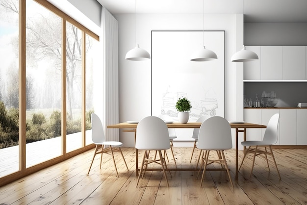 Grote ramen, een hardhouten vloer en een tafel met witte stoelen zijn allemaal te vinden in een houten eetkamerposter aan de muur die verticaal en in een hoek een mockup is