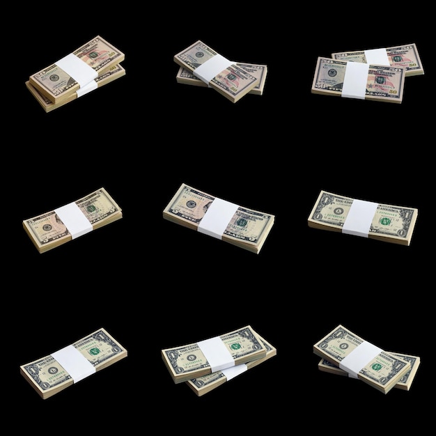 Grote reeks van bundels van Amerikaanse dollarbiljetten geïsoleerd op wit Collage met vele verpakkingen van Amerikaans geld met hoge resolutie op perfecte witte achtergrond