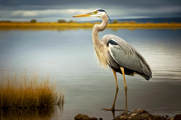 Grote reiger staande op lange dikke poten aan de oever van het meer generatieve ai