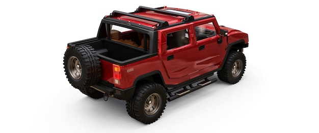 Grote rode off-road pick-up voor platteland of expedities op witte geïsoleerde achtergrond. 3D illustratie.