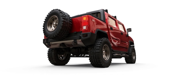 Grote rode off-road pick-up voor platteland of expedities op witte geïsoleerde achtergrond. 3D illustratie.