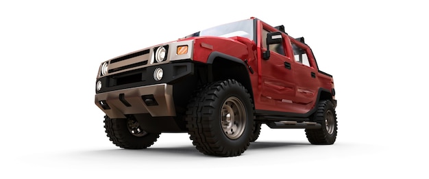 Grote rode off-road pick-up voor platteland of expedities op witte geïsoleerde achtergrond. 3D illustratie.