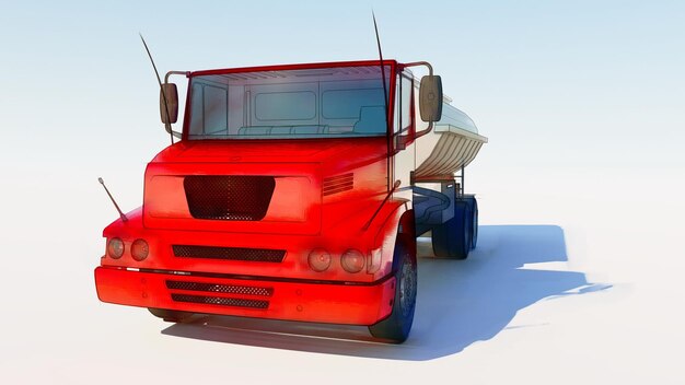 Grote rode tankwagen met een gepolijste metalen aanhanger. Uitzicht van alle kanten. 3D illustratie.
