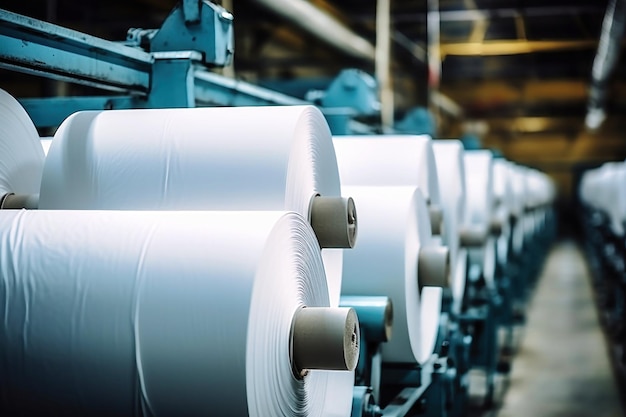 Grote rollen papier worden opgeslagen in het magazijn van de fabriek Industriële papierproductie Voltooide producten van een papierverwerkingsfabriek