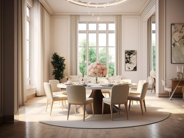 Grote ronde eettafel in luxe appartement Genative AI