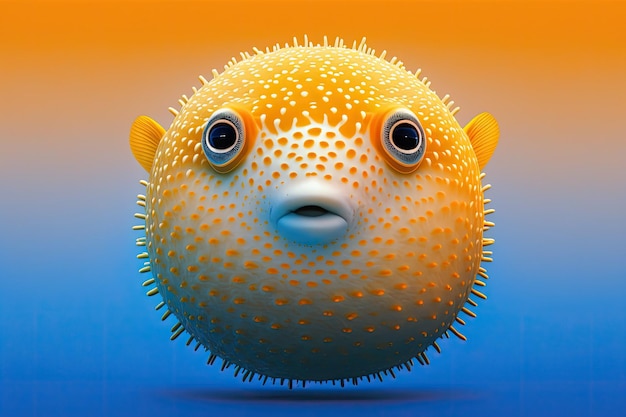 Grote ronde oranje ogen op een witte en oranje kogelvis op een gele achtergrond