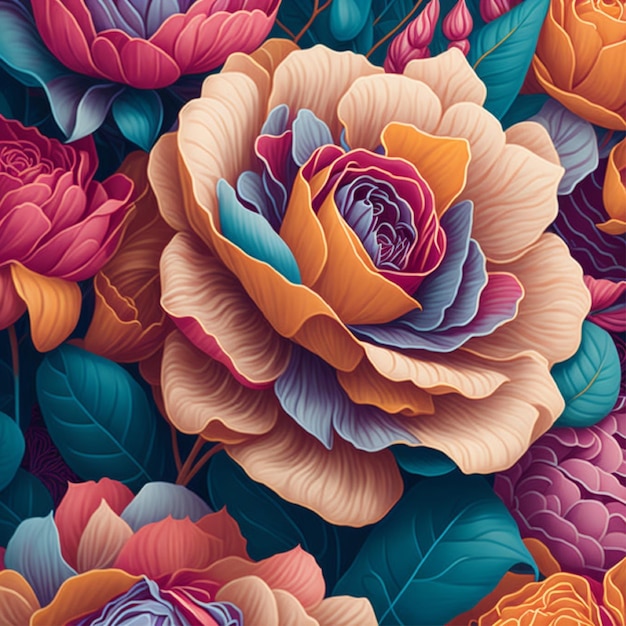 Grote roos naadloze bloemen regenboogkleuren verscheidenheid aan kleurrijke bloemen gegenereerd door AI
