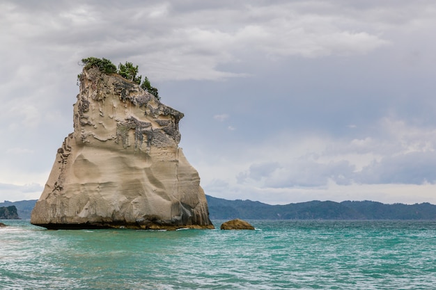 Grote rots op het strand van de kathedraalinham, coromandel-schiereiland, nieuw zeeland