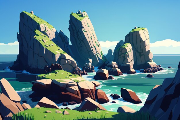 Grote rotsblokken en groene heuvels tegen een blauwe oceaan en een helderblauwe lucht in dit adembenemende landschap