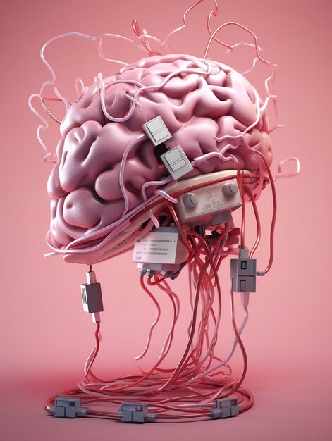 Grote roze menselijke hersenen met veel audio jack kabels aangesloten in deze 3D render AI Generative