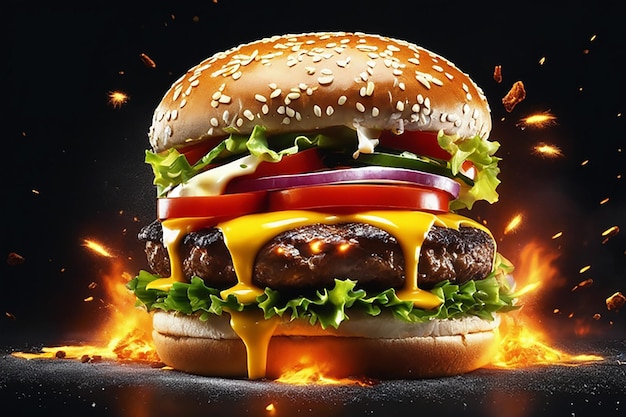 grote sappige kipburger sandwich op een oranje achtergrond hoge realiteit fastfood concept
