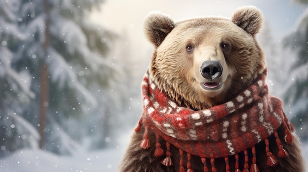 Grote schattige beer in sjaal op een winterse achtergrond. Kopieer ruimte, plaats voor tekst. Foto van hoge kwaliteit