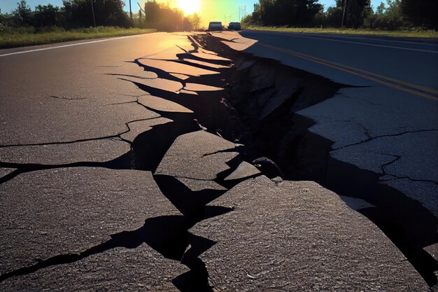 Grote scheuren in het oppervlak van de weg na de nasleep van de aardbeving