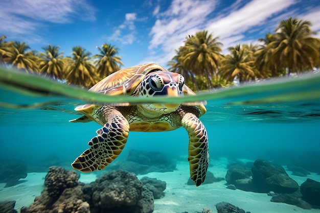 Foto grote schildpad zwemt in de zeewereld met tropisch strand op de achtergrond selectieve focus onderwater blauwe oceaan leven ecosysteem concept gegenereerd ai