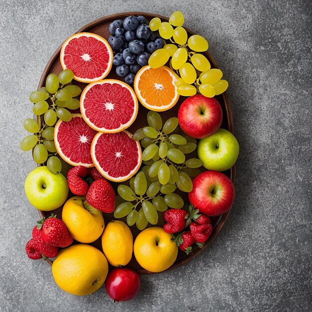 Grote selectie van vers fruit tegen een blauwe hemel achtergrond