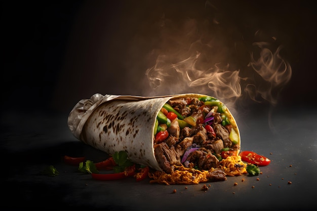 Grote shoarma kebab gebakken in vuur Street food Broodje gyro vers broodje lavash pitabroodje kip beef shoarma