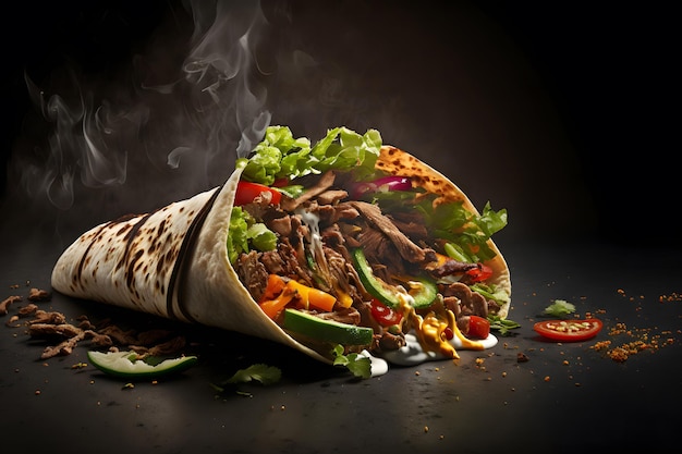 Grote shoarma kebab in brand gebakken Straatvoedsel Broodje gyro vers broodje lavash pitabroodje kip beef shoarma 3d illustratie