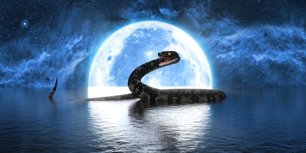 Grote slang op de achtergrond van de volle maan, 3d illustratie