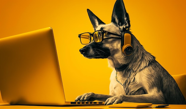 Grote slimme hond met bril en koptelefoon met behulp van laptop Huisdier gericht op de computer Gele achtergrond Generatieve AI