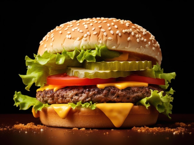 Grote smakelijke cheeseburger op een houten tafel geïsoleerd op een zwarte achtergrond